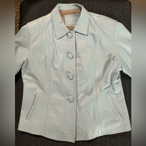 Sky blue Colombian leather jacket, little used, perfect condition,lined inside.